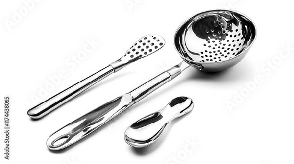 Fototapeta A silver spoon, spatula and strainer are shown on a white background