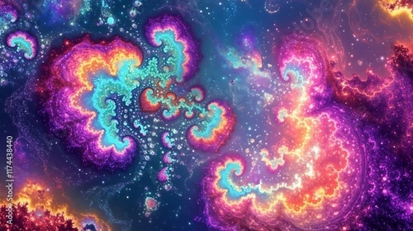 Fototapeta Luminous neon fractals blending into an abstract galaxy-inspired background