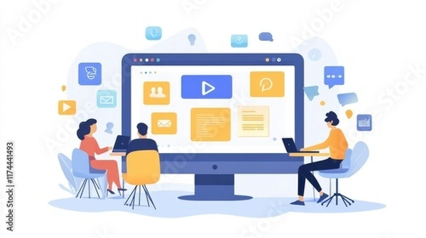 Fototapeta Team collaborating online to manage social media accounts, brainstorming ideas, designing content, and planning campaigns to enhance brand presence.