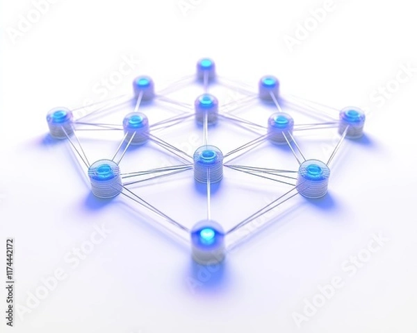 Fototapeta Abstract digital network connection with glowing nodes and lines on a white background.
