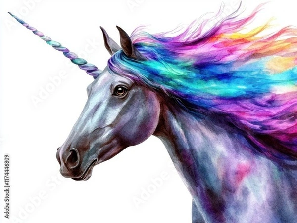 Fototapeta A vibrant unicorn with a colorful mane, showcasing a blend of hues against a white background, symbolizes magic and fantasy.