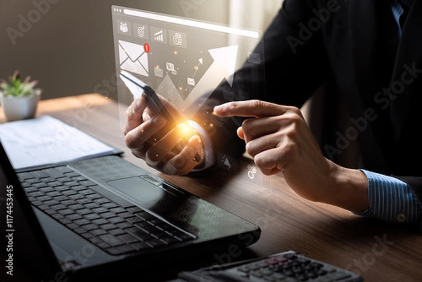 Obraz Business Professional Using Smartphone with Digital Marketing Icons, Analyzing Online Campaign Data, and Strategizing Email Marketing for Customer Engagement and Revenue Growth