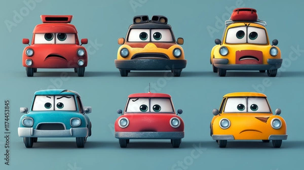 Fototapeta Cartoon car characters express happy or sad emotions, cute automobile emoticons with smiling face, unhappy transport with broken windshield isolated on white background, Vector illustration, icons set