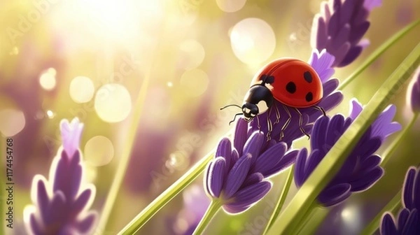 Fototapeta Close-Up of a Vibrant Ladybug Resting on a Lavender Flower Under a Soft Glowing Light in a Serene Garden Setting with Gentle Bokeh Background