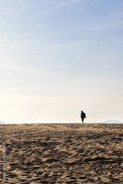 Fototapeta Panorama of beach in Jalisco, Mexico with a person walking on the dunes of the beach, the person may be a traveler because he carries a large backpack and the tennis shoes tied to the backpack