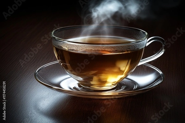 Fototapeta A steaming amber tea cup on a dark wooden table, surrounded by a soft, dim glow
