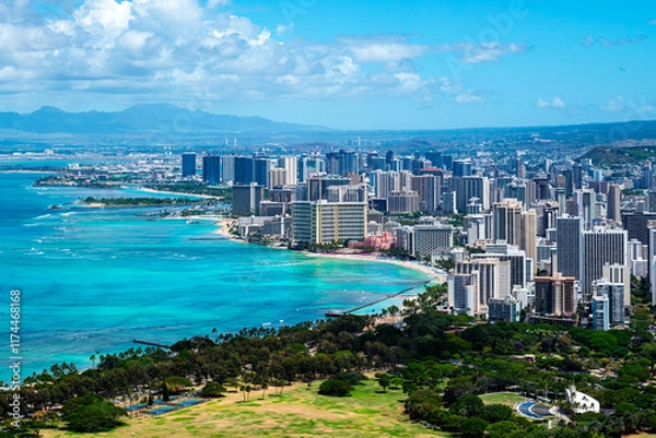 Fototapeta Aerial View from Diamond Head State Monument lookout of Waikiki Beach Honolulu Hawaii

