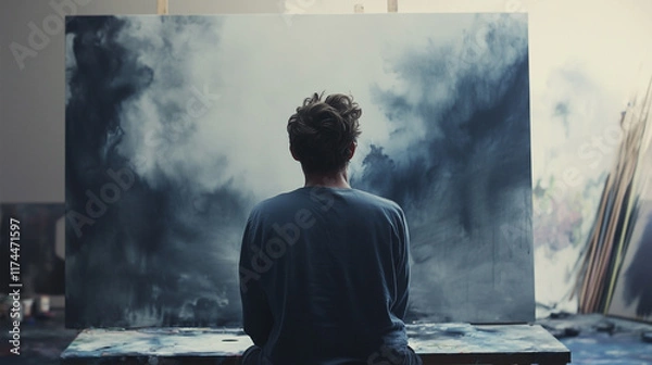 Fototapeta A man is sitting in front of a large painting