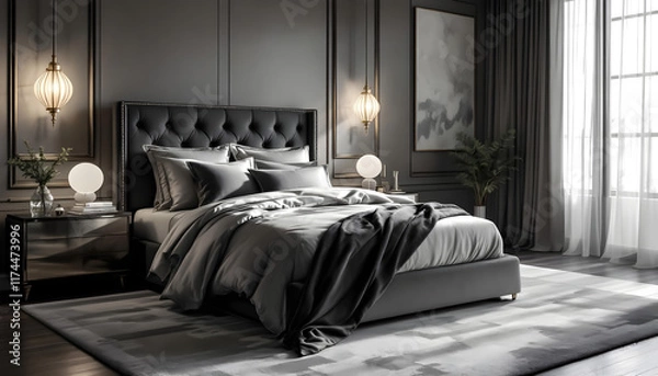 Fototapeta Experience Comfort and Style in a Plush King Sized Bed Surrounded by Elegant Bedding and Luxurious Bedroom Design