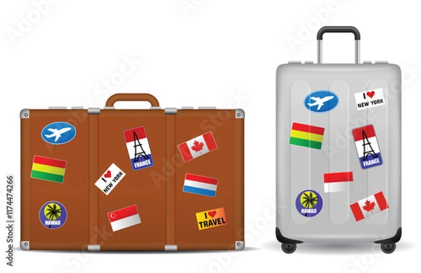 Fototapeta Set illustration of two travel suitcases decorated with various destination stickers. The brown suitcase and the silver rolling suitcase are covered in stickers representing popular travel destination