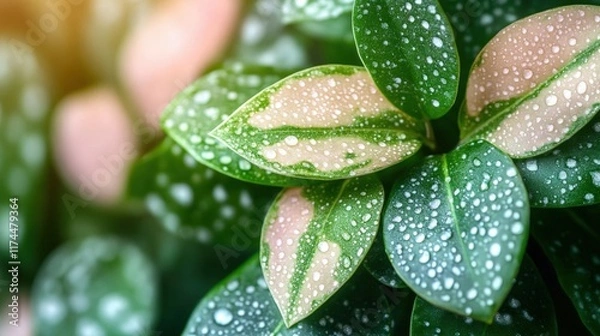 Fototapeta Close-up of vibrant green and pink leaves with water droplets, showcasing intricate leaf veins and textures.