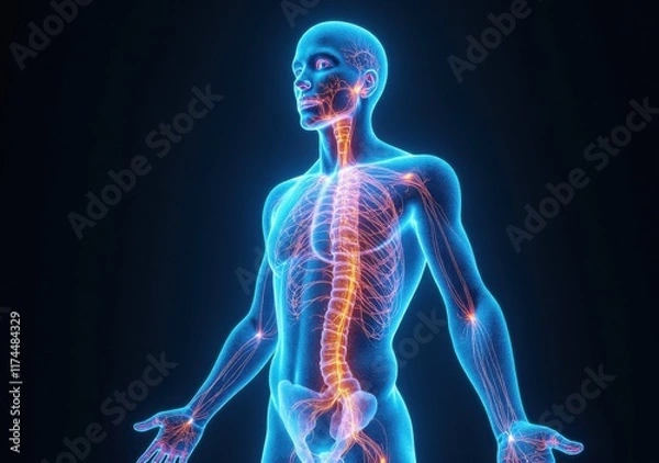 Fototapeta Human body illustration showing nervous system and energy pathways in detail