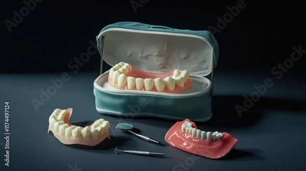 Fototapeta A high-quality image of a pair of dentures in a dental care kit, with cleaning tools and a protective case beside them, representing proper dental hygiene practices.