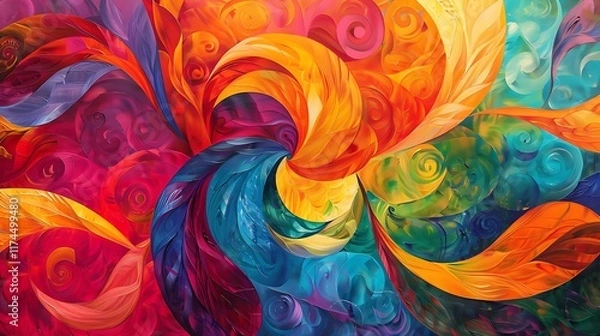 Fototapeta A vibrant abstract painting with swirling patterns, with a mockup at the center of the wall. full ultra hd, high resolution