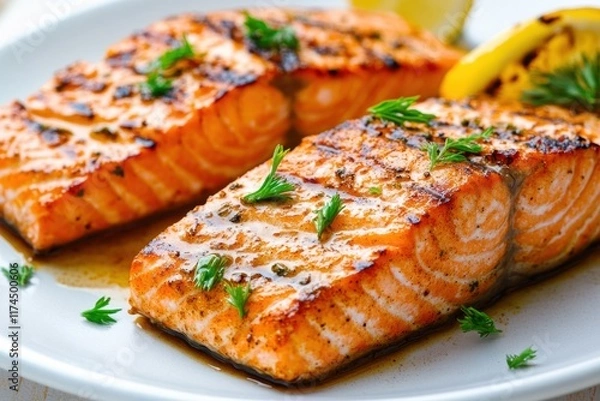 Fototapeta Grilled Salmon Fillets with Lemon and Herbs Garnish