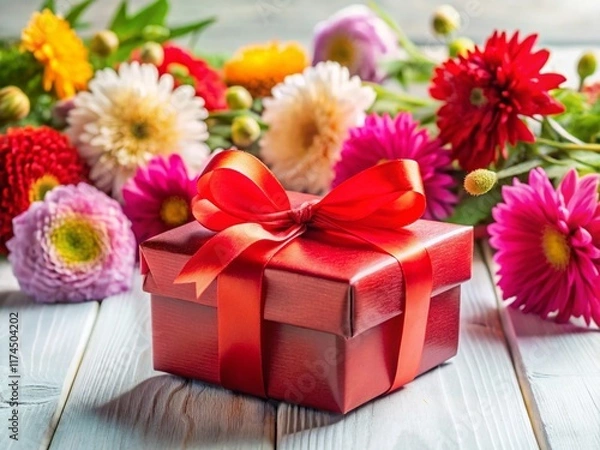 Obraz Colorful Gift Box with Red Ribbon and Asters Bow on White Table - Holiday Present