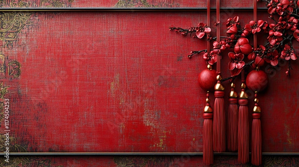 Fototapeta Vibrant Red Background with Floral Accents and Decorative Elements
