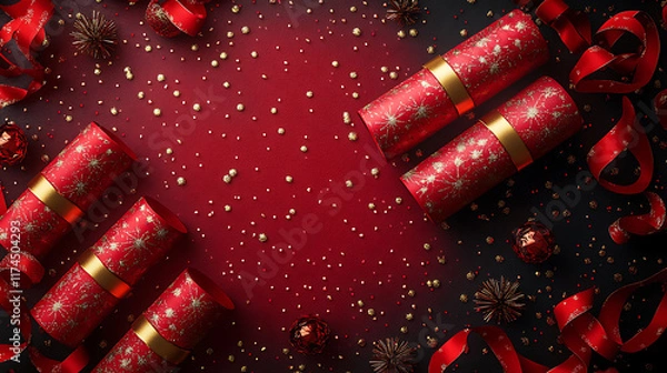 Fototapeta Festive Christmas Crackers on Elegant Red Background with Gold Accents