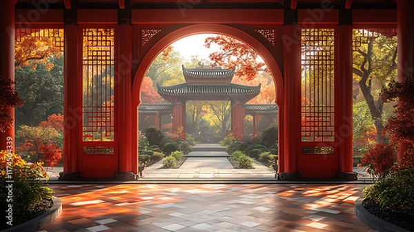 Fototapeta Serene Autumn Garden with Red Arches and Vibrant Foliage