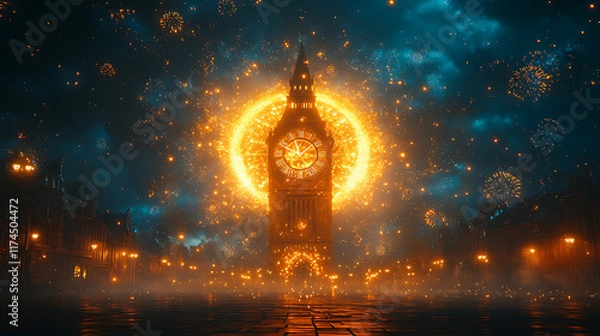 Fototapeta Dramatic Night View of Big Ben with Fireworks and Mystical Atmosphere