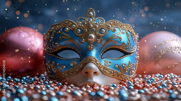Fototapeta Elegant Blue Mask Surrounded by Colorful Decorations and Lights