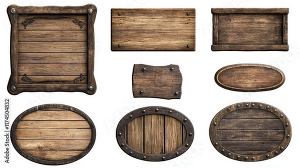 Fototapeta Wood texture sign board vector realistic banner set. Isolated rustic farm or saloon frame design. Empty signboard plaque template with nail, collection for menu or message. Brown oval signage
