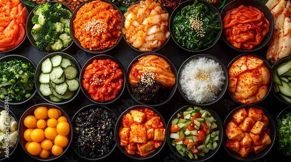Fototapeta Colorful Variety of Fresh Vegetables and Sauces in Bowls