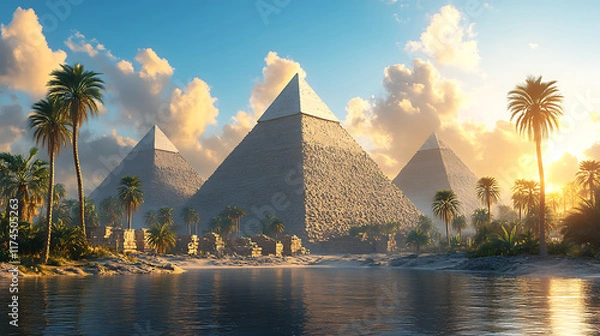 Fototapeta Majestic Ancient Pyramids Surrounded by Tropical Palm Trees