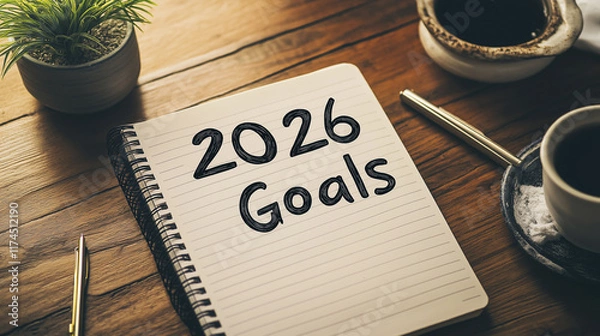 Fototapeta 2026 New Year Goals and Resolutions Notebooks, Productivity, Wellness, Minimalism: Background