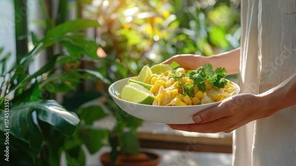 Fototapeta Fresh Tropical Salad with Mango, Lime, and Cilantro in Natural Light
