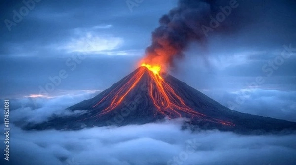 Fototapeta Majestic volcano eruption with flowing lava and billowing smoke at dusk