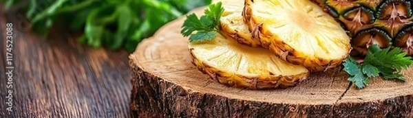 Fototapeta Fresh Pineapple Slices on Wooden Surface with Green Herbs and Rustic Background