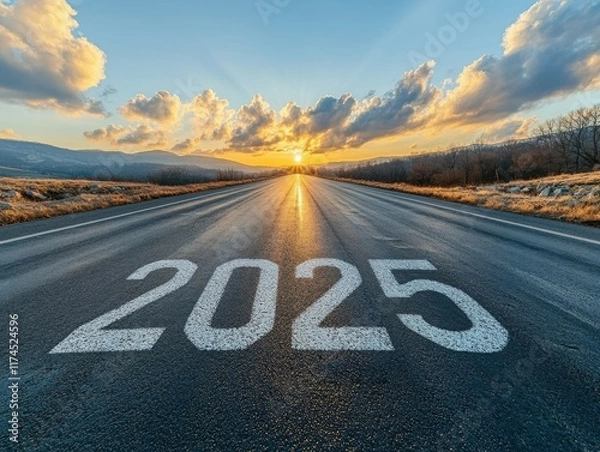 Fototapeta A road with a white arrow pointing up and the number 2025 written below it