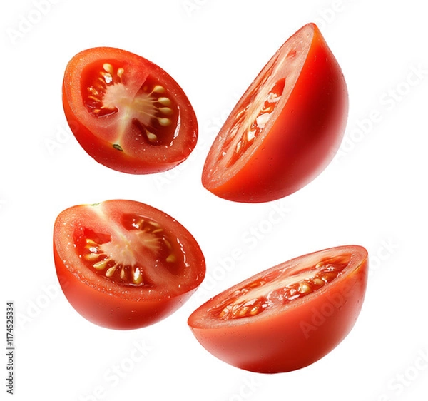 Fototapeta fresh tomato slices isolated on white transparent background, set of ripe tomato pieces, cutout png