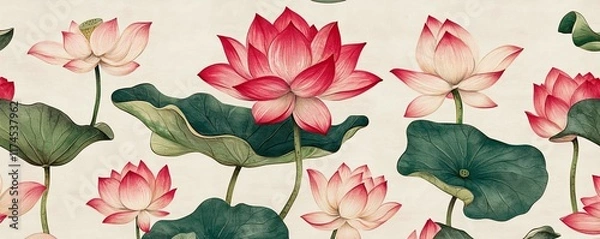 Fototapeta A serene pattern featuring pink lotus flowers blooming atop green leaves against a soft background.