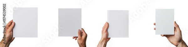 Fototapeta Hands Holding Blank White Sheets of Paper Against a Transparent Background for Creative , Mockup, or Presentation Purposes