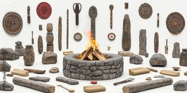 Fototapeta A collection of stone and wooden artifacts surrounding a fire pit, evoking a cultural setting.