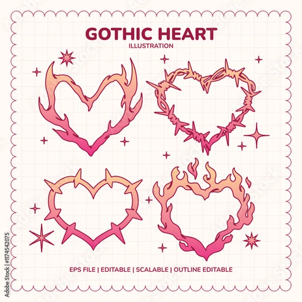 Fototapeta Set of tattoos heart and love symbols with pink gradient in gothic Y2K emocore style. Cute pink neo tribal tattoo, y2k, gothic, love illustration. Hearts with spikes in goth, punk, emo style.