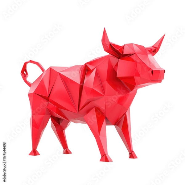Fototapeta A vibrant red, geometric bull sculpture showcasing a modern polygonal design with sharp angles and facets.