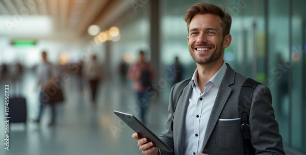 Fototapeta A young businessman holding tablet in airport with vibrant smile expresses a genuine sense of excitement and adventure, adding warmth to the scene