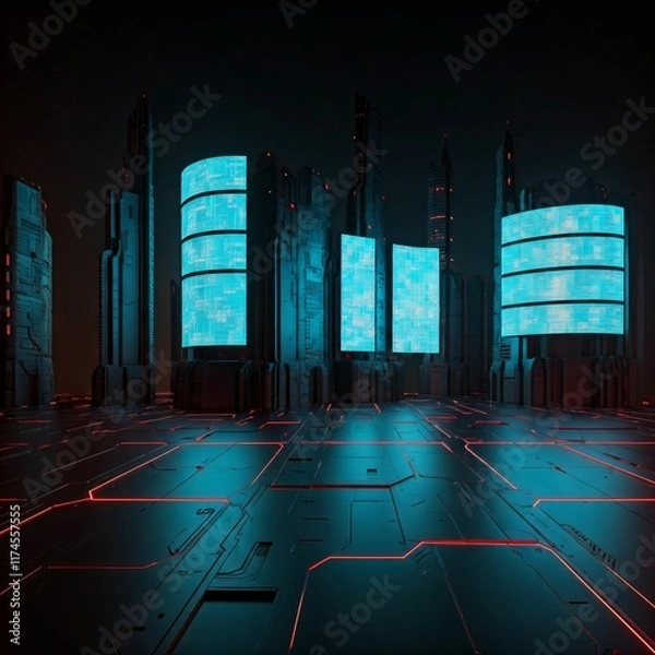 Fototapeta A sleek futuristic cityscape with neon lights, holographic elements, and dark metallic tones, creating a high-tech, sci-fi vibe with glowing gridlines and digital patterns.