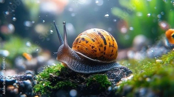 Fototapeta A close-up of a snail on a mossy surface, surrounded by bubbles and aquatic plants.