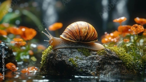 Fototapeta A colorful snail resting on a mossy rock amidst vibrant flowers in a serene environment.