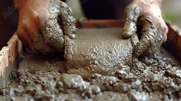 Fototapeta Hands mixing and shaping wet concrete in a mold for construction purposes.