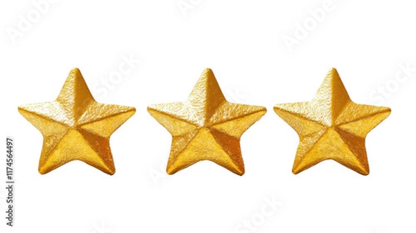 Fototapeta Three golden stars arranged in a row, showcasing a shiny, metallic finish with sharp points and a three-dimensional appearance.