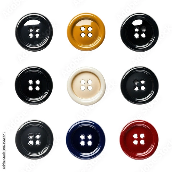 Fototapeta A collection of colorful buttons arranged in a grid, featuring various colors and designs with four holes each.