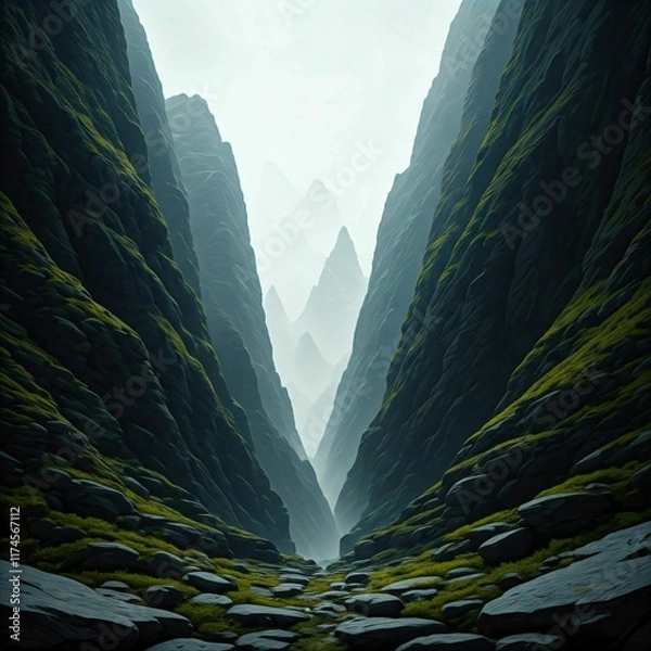 Fototapeta A rocky mountain landscape with deep shades of grey and green, mist swirling between jagged cliffs, ideal for creating a rugged, adventurous atmosphere.