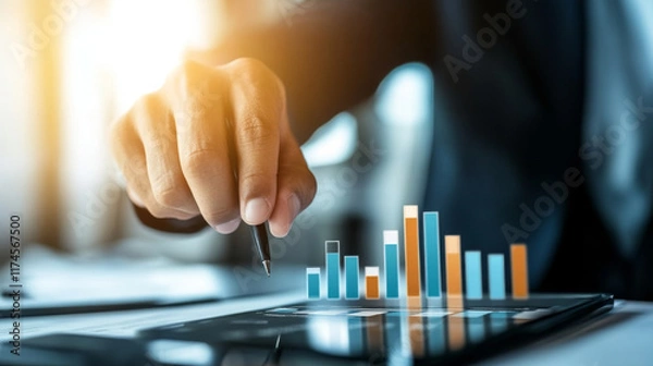 Fototapeta Businessman analyzing financial data on tablet, focusing on growth charts and statistics. hand holds pen, emphasizing importance of data driven decisions