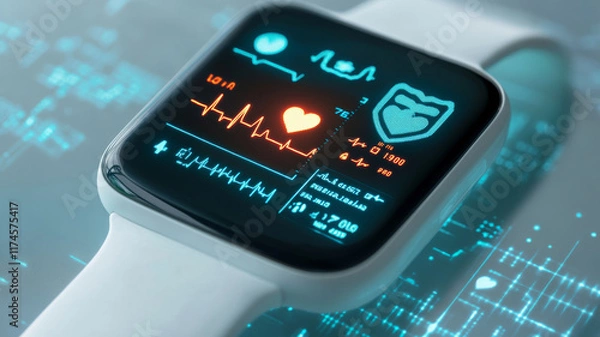 Fototapeta sleek wearable device displaying real time health metrics, including heart rate and ECG readings, showcasing modern technology and health monitoring