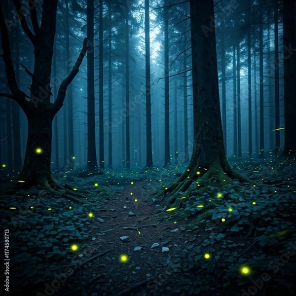 Fototapeta A mystical forest at night with glowing fireflies, fog hovering between ancient trees, and a dark, moody color palette with blues and purples.